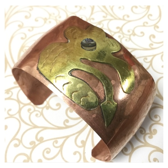 Vintage MEXICO Handcrafted Copper Brass Abalone Cuff Bracelet - Picture 2 of 9